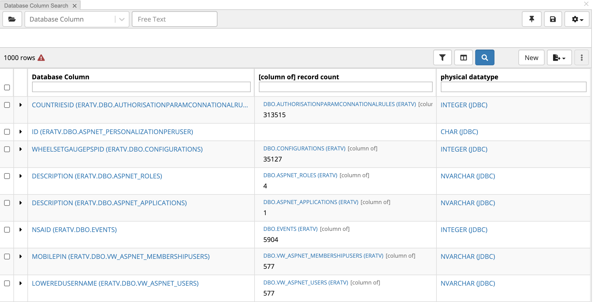 TopBraid EDG Database Column Search Page