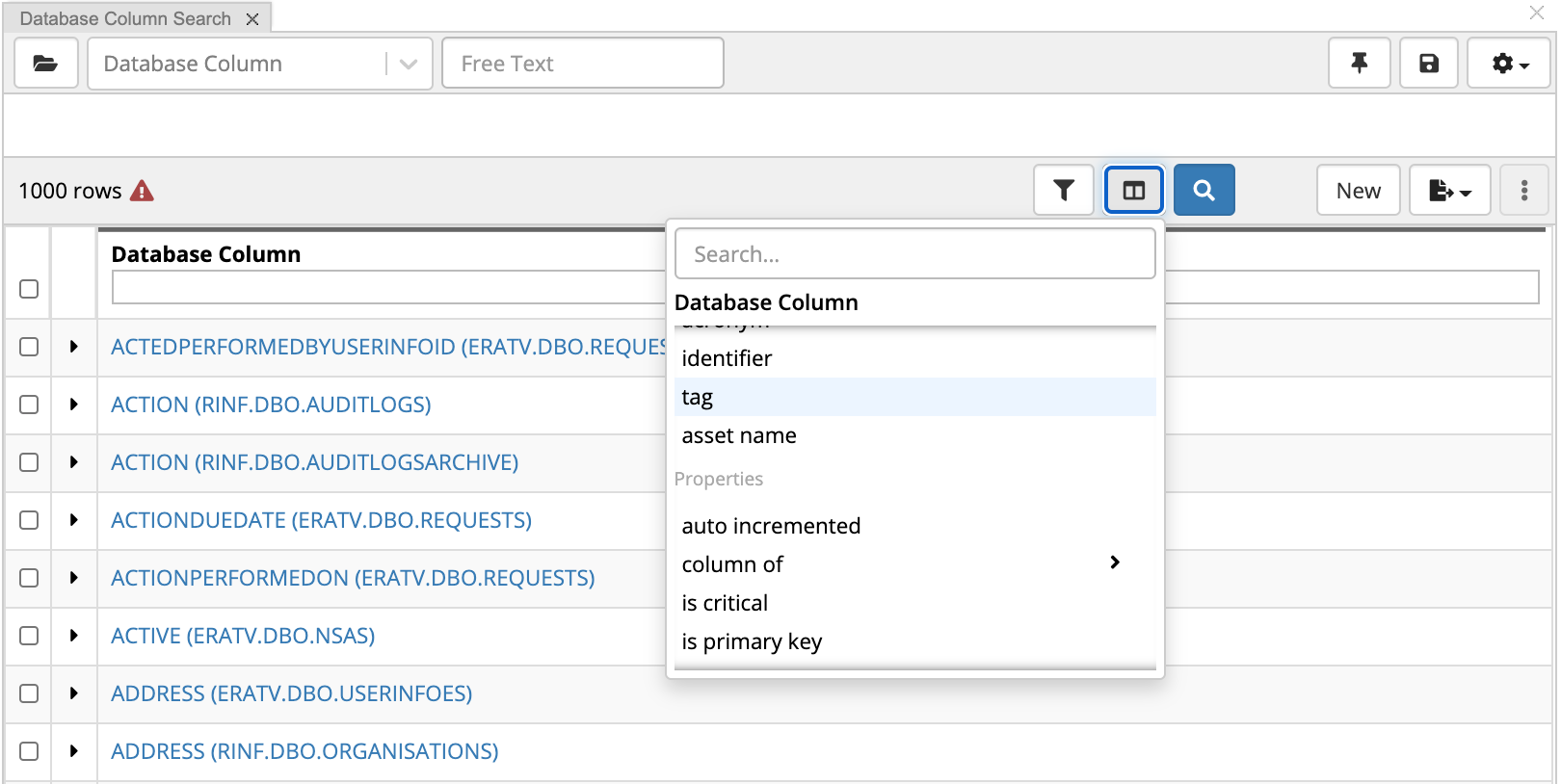 TopBraid EDG Search Results Column Selection Page