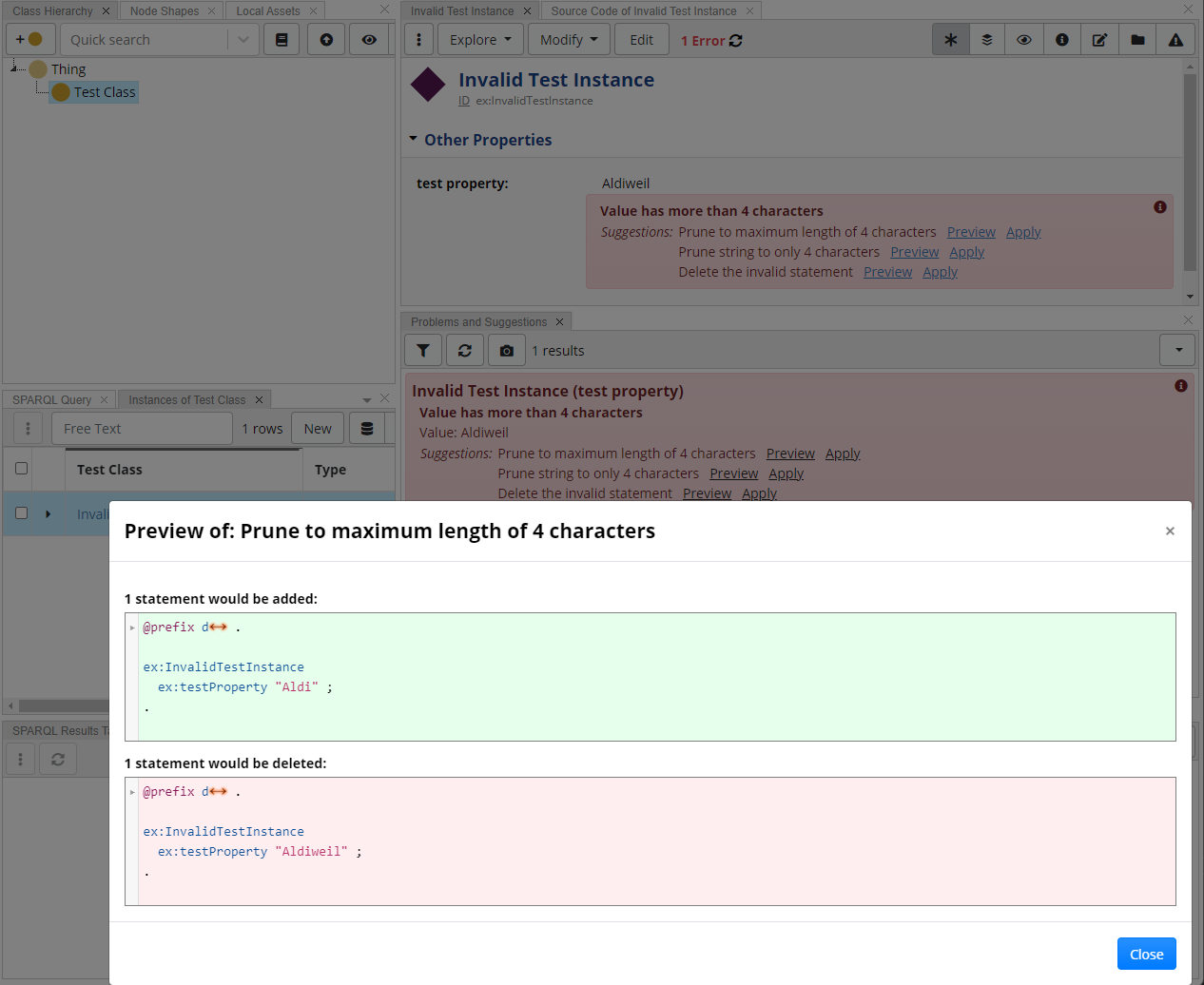 TopBraid EDG Studio with a suggested fix to a constraint violation