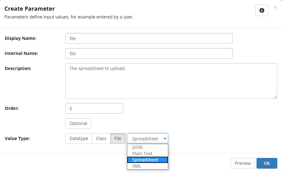 The dialog to create file-based parameters