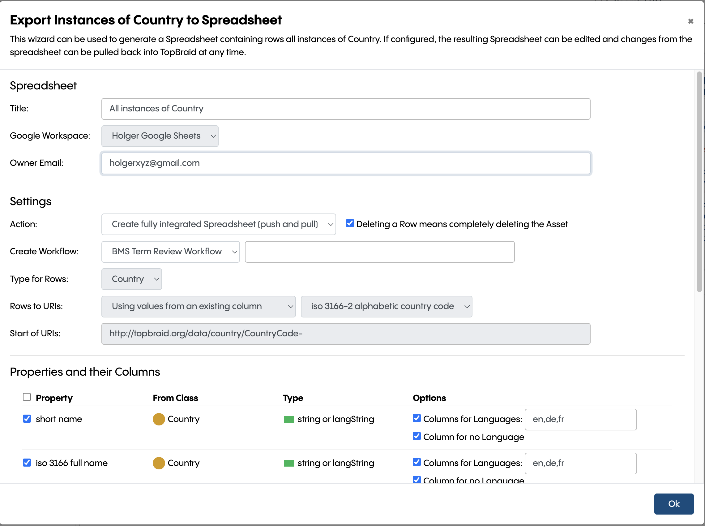 Export Instances to Spreadsheet dialog for the class Country (Settings)