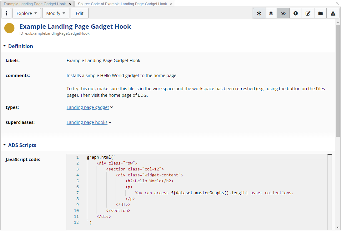 An EDG form showing an example extension written in SWP